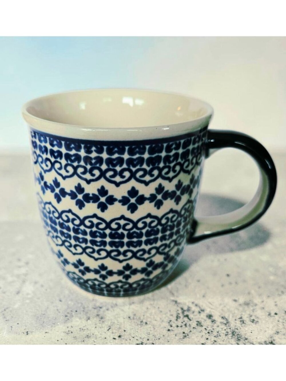 Handmade Boleslawiec Polish Pottery Mug Blue Floral Pattern 12 Oz 4 Inches Tall
